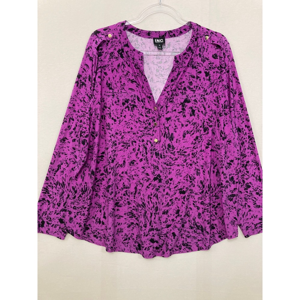 INC International Concepts Blouse 2X Purple Abstract Print Popover Stretch Knit